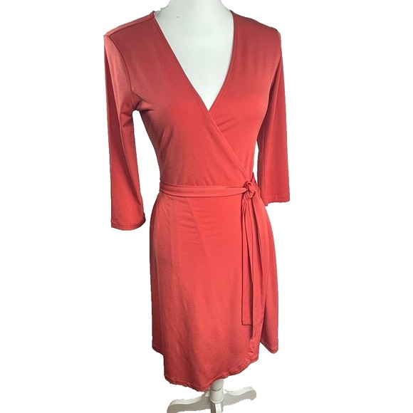 Banana Republic Petite Coral Jersey Knit Wrap Dress 3/4 Sleeve - Picture 3 of 9